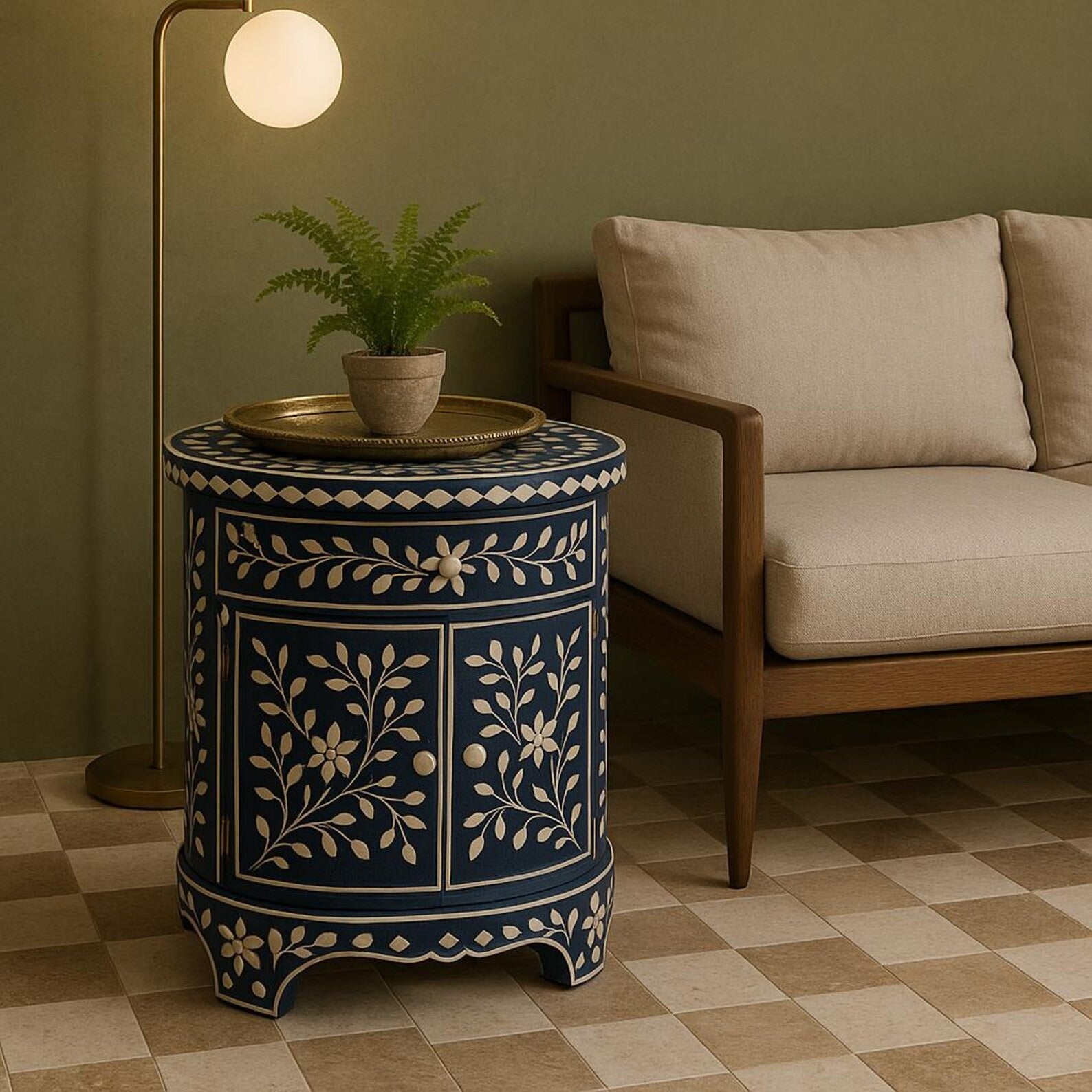 Handmade Floral Bone Inlay End Table | Navy Boho Resin Nightstand | Stylish Decorative Side Table for Modern Homes