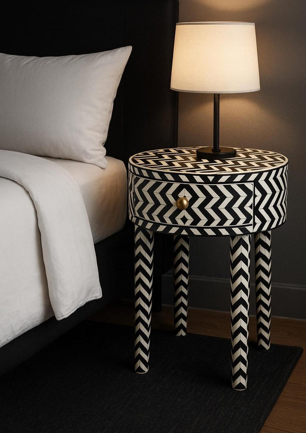 Bone Inlay Resin Accent Side Table | Chevron Design Handmade Nightstand | Decorative Table for Bedroom & Living Room