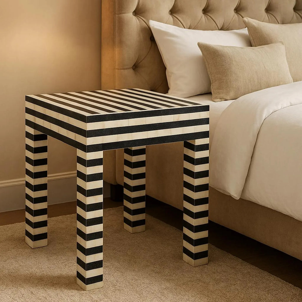 Black & White Striped Resin Bone Inlay End Table | Handmade Accent Side Table | Stylish Modern Inlay Furniture