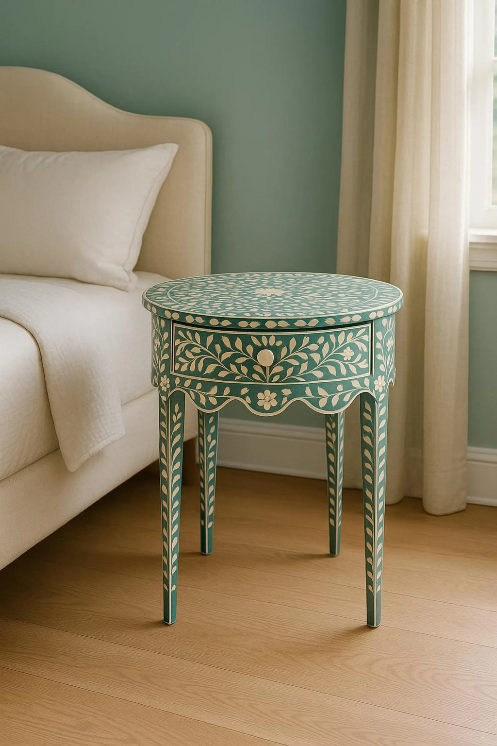 Green Bone Inlay Side Table | Boho Nightstand with Drawer | Handmade Decorative Accent Table for Bedroom & Living Room