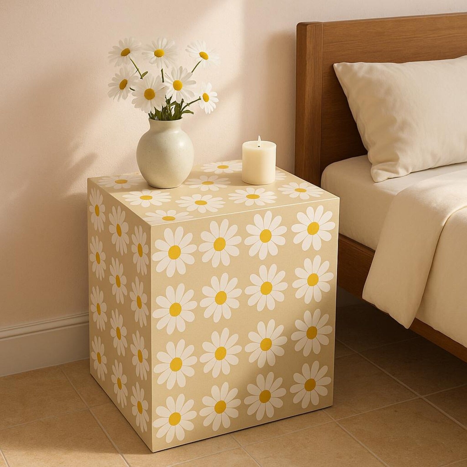 Floral Resin Bone Inlay Side Table | Handmade Boho Nightstand | Stylish Decorative Accent Table for Modern Homes