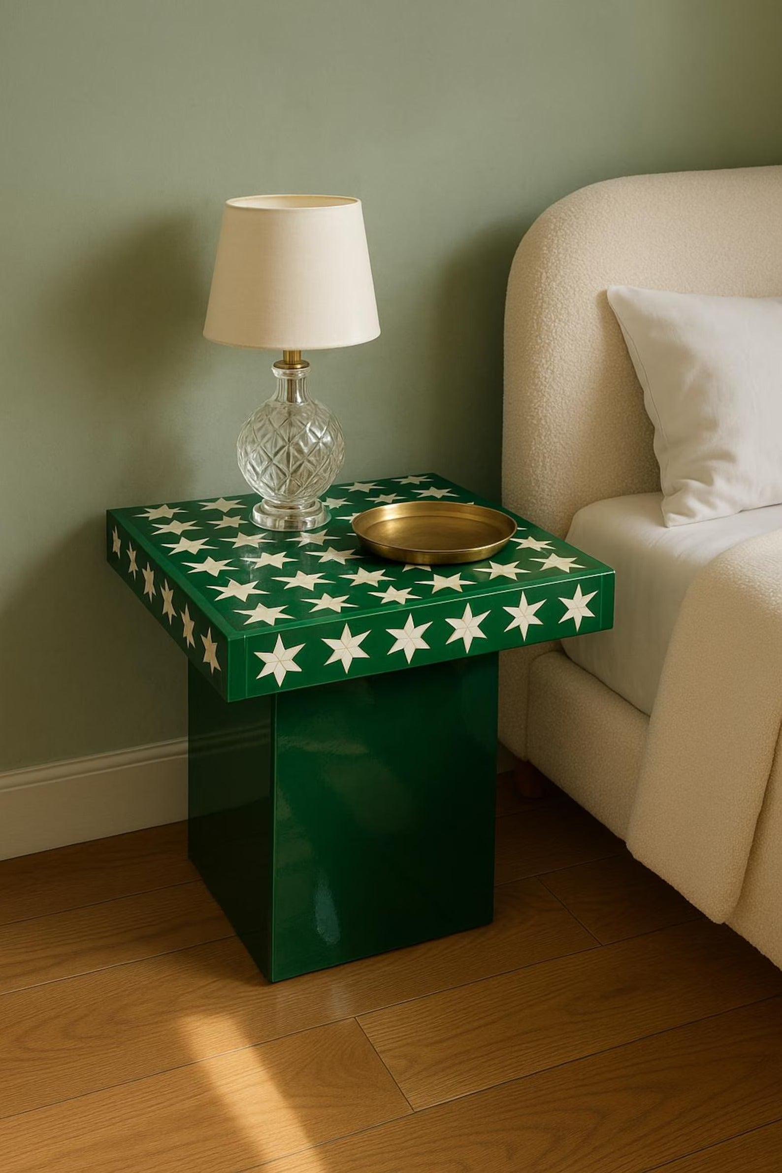 Green Star Bone Inlay Side Table | Handmade Boho Nightstand | Decorative Accent Table for Bedroom & Living Room