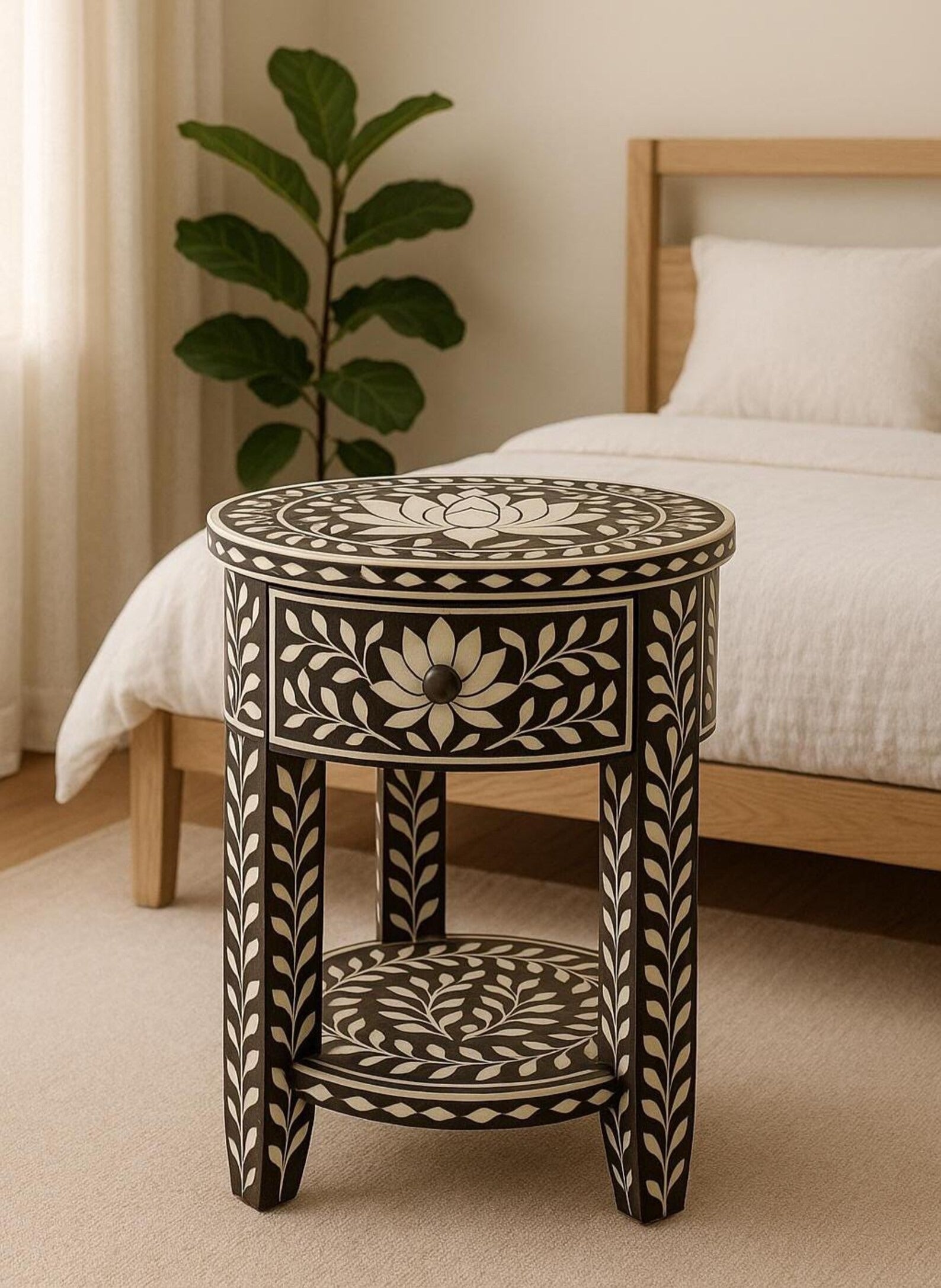 Round Bone Inlay End Table | Black & White Floral Handmade Nightstand | Decorative Accent Table for Home