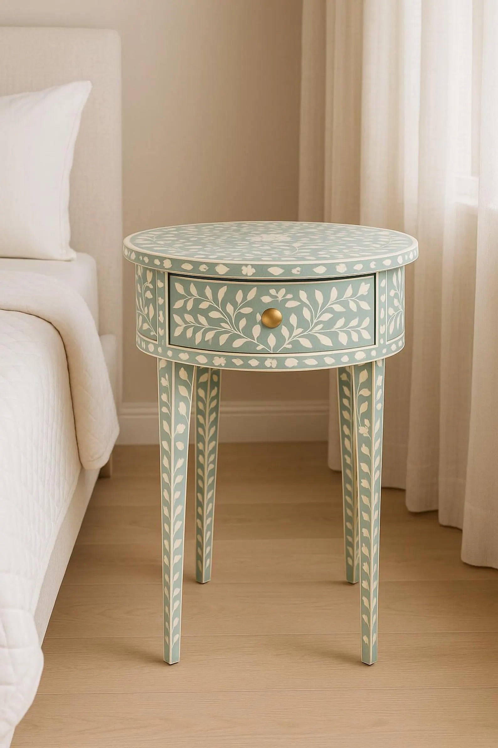 Handcrafted Floral Bone Inlay Side Table | Resin Nightstand with Drawer | Decorative Accent Table for Home Décor