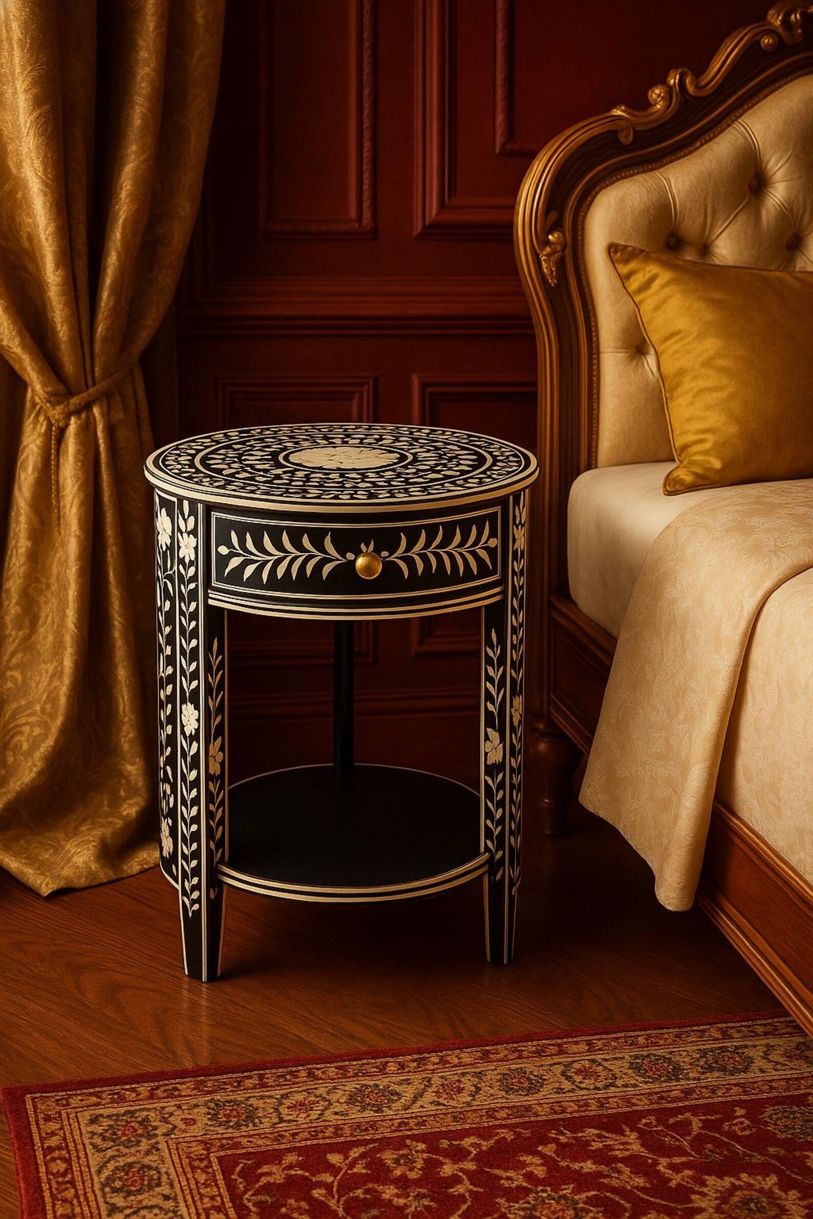 Black Bone Inlay Nightstand with Drawer | Handmade Floral End Table | Modern Indian Side Table for Home & Office