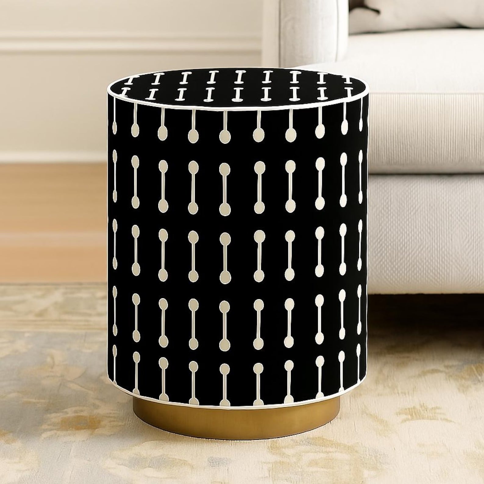 Handmade Bone Inlay Black Resin Nightstand | End Table with Gold Base | Stylish Decorative Furniture for Modern Homes