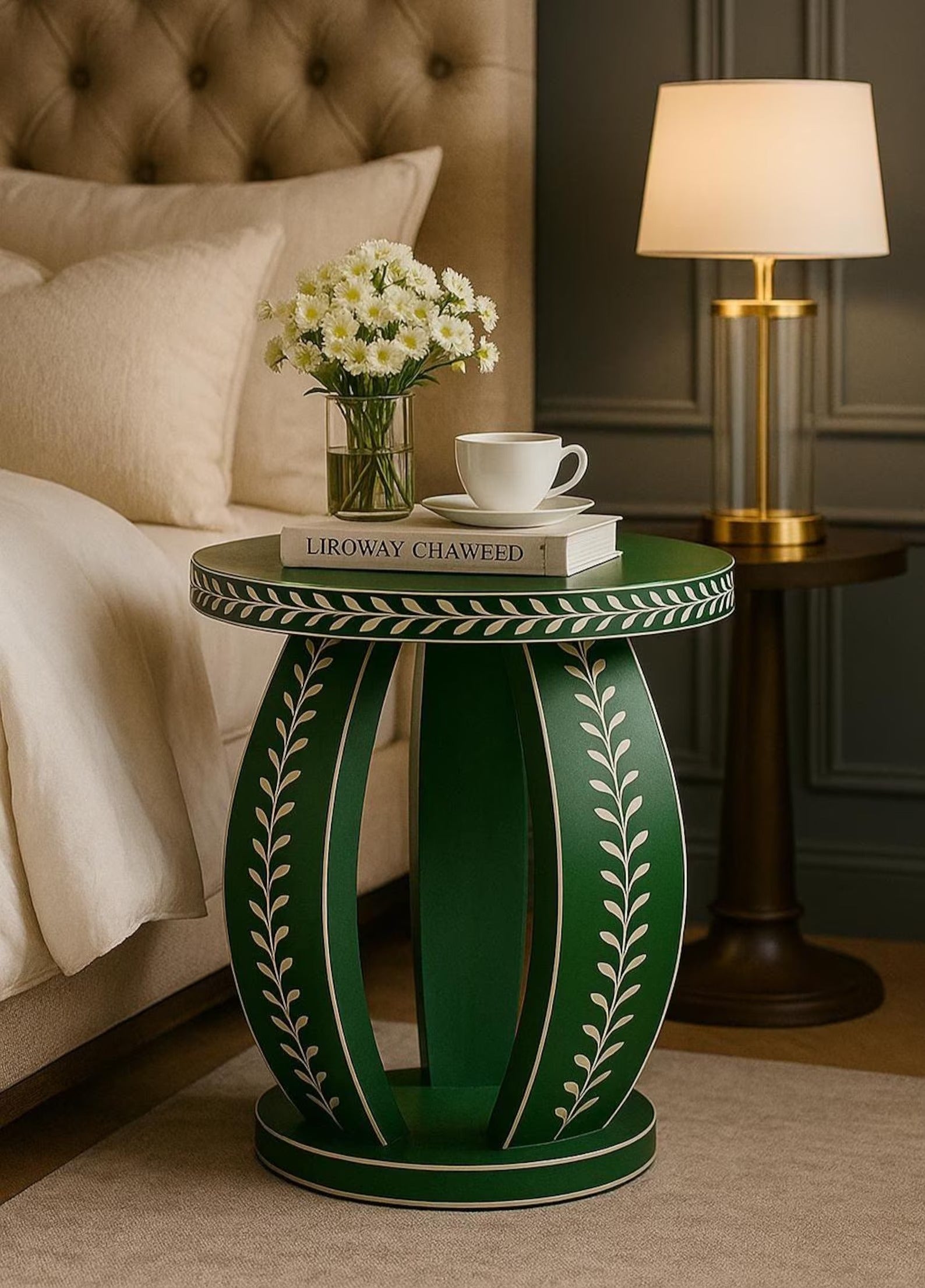 Handmade Bone Inlay End Table | Green Floral Resin Accent Table | Stylish Decorative Furniture for Modern Homes