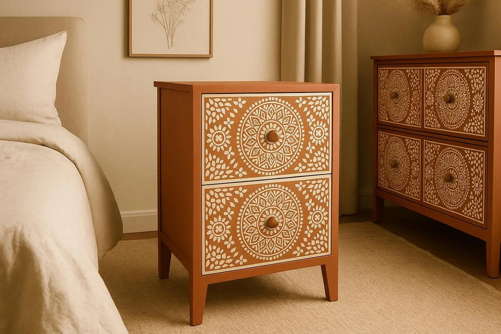 Bone Inlay Nightstand | Terracotta Mandala Floral End Table | Handmade Bedside Table for Bedroom & Living Room Décor