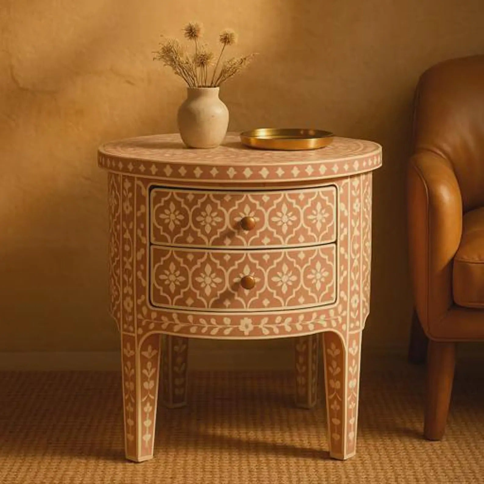 Handcrafted Bone Inlay Nightstand | Terracotta Floral Resin End Table | Modern Decorative Accent Furniture for Home Décor