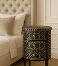 Handmade Bone Inlay Nightstand | 3-Drawer Resin Pattern End Table | Stylish Bedside Storage Cabinet for Modern Homes