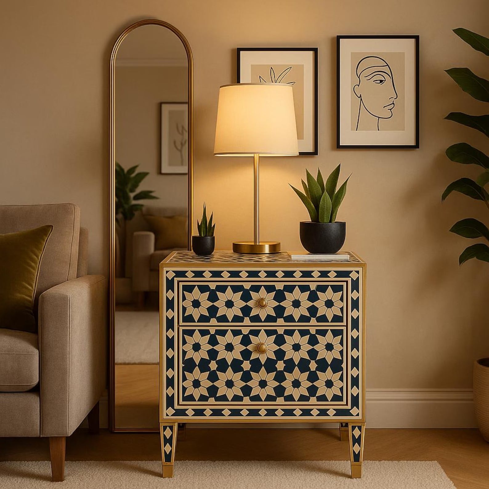 Blue Geometric Bone Inlay Resin Nightstand | Handmade Decorative Accent Table | Elegant Side Table for Bedroom & Living Room