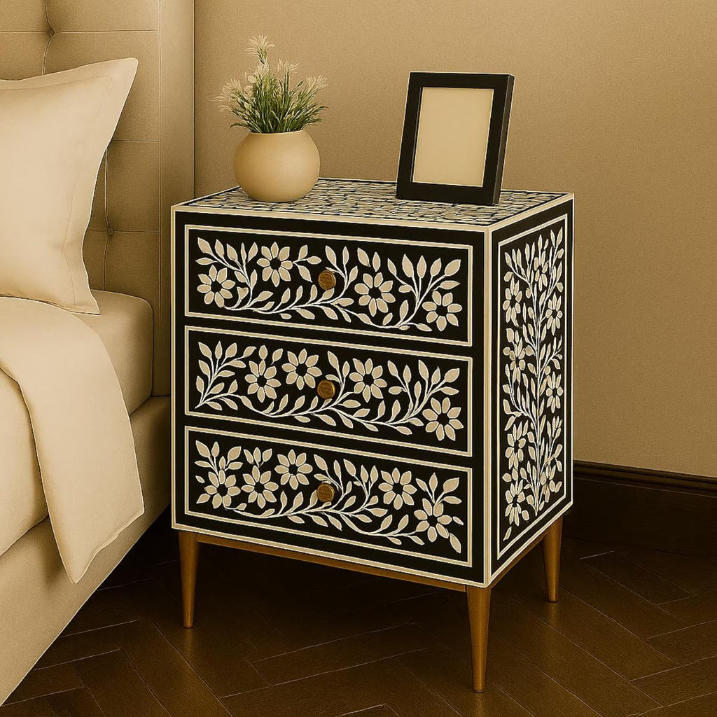 Floral Bone Inlay Nightstand | Handmade Black & White Resin End Table | Decorative Accent Table for Bedroom & Living Room