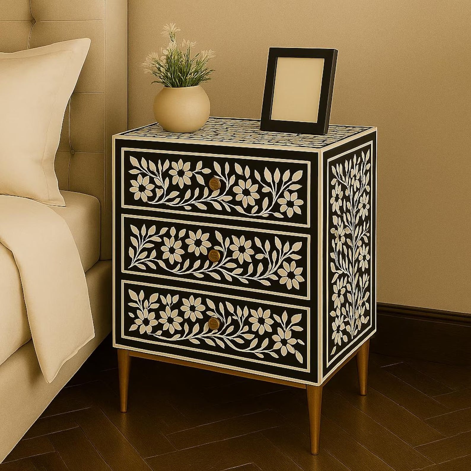 Floral Bone Inlay Nightstand | Handmade Black & White Resin End Table | Decorative Accent Table for Bedroom & Living Room