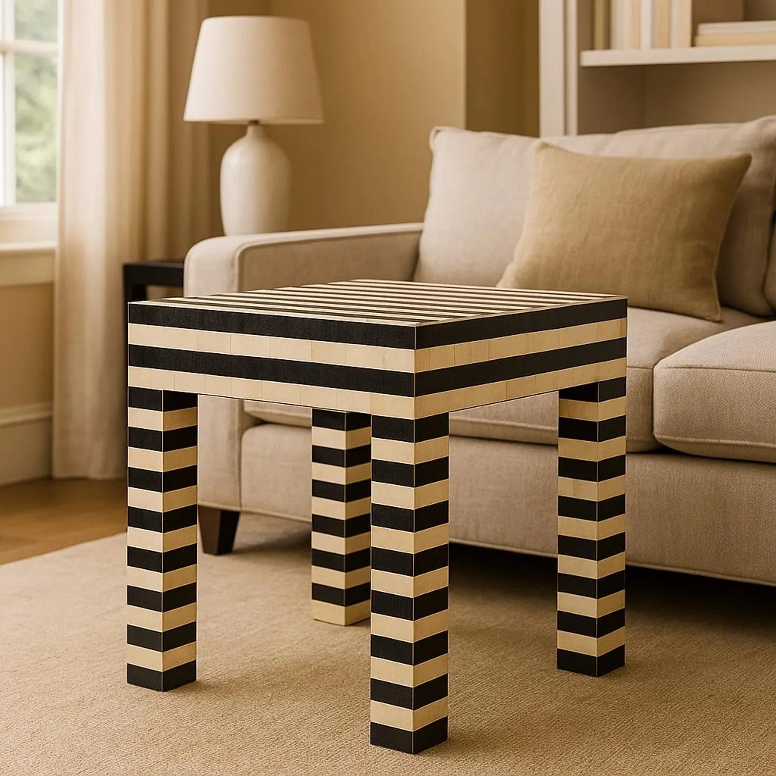 Black & White Striped Resin Bone Inlay End Table | Handmade Accent Side Table | Stylish Modern Inlay Furniture