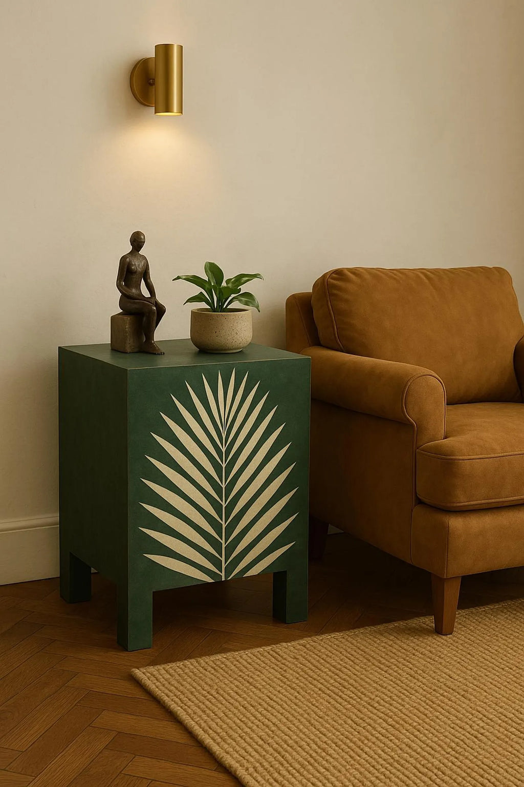 Green Bone Inlay Nightstand | Handmade Palm Leaf Resin Accent Table | Stylish Bedside Table for Modern Home Décor