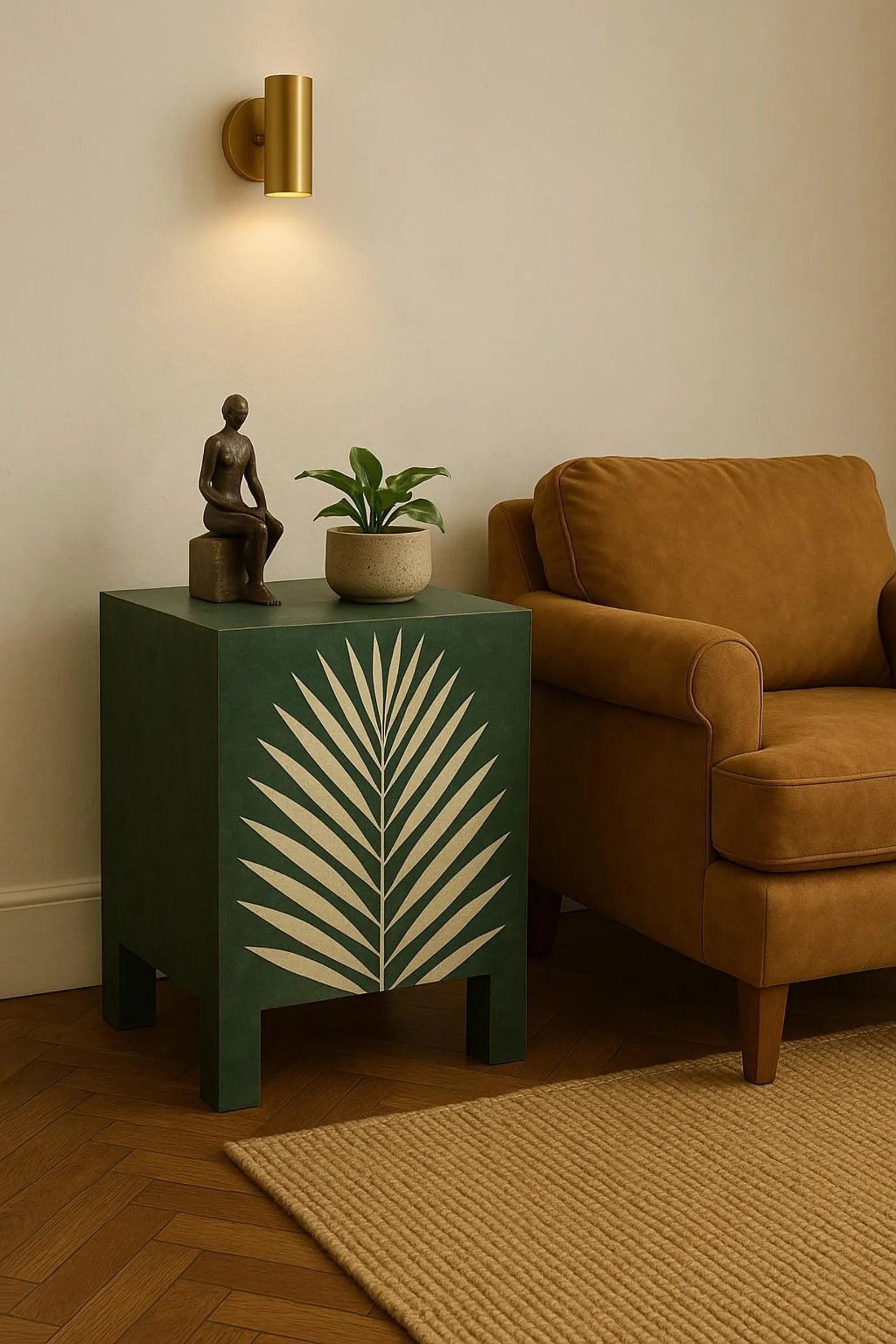 Green Bone Inlay Nightstand | Handmade Palm Leaf Resin Accent Table | Stylish Bedside Table for Modern Home Décor