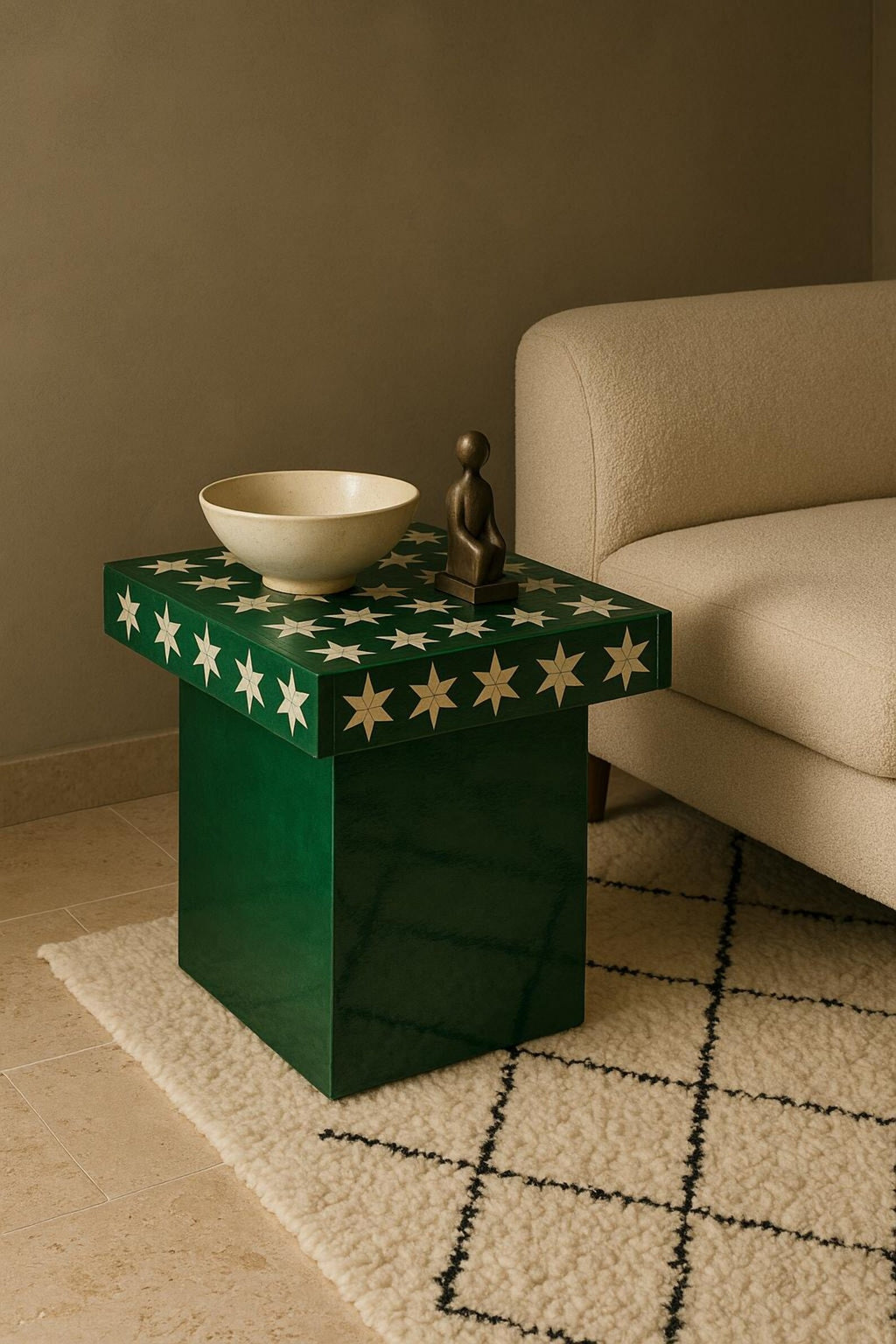 Green Star Bone Inlay Side Table | Handmade Boho Nightstand | Decorative Accent Table for Bedroom & Living Room
