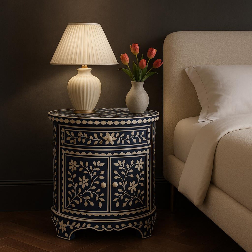 Handmade Floral Bone Inlay End Table | Navy Boho Resin Nightstand | Stylish Decorative Side Table for Modern Homes