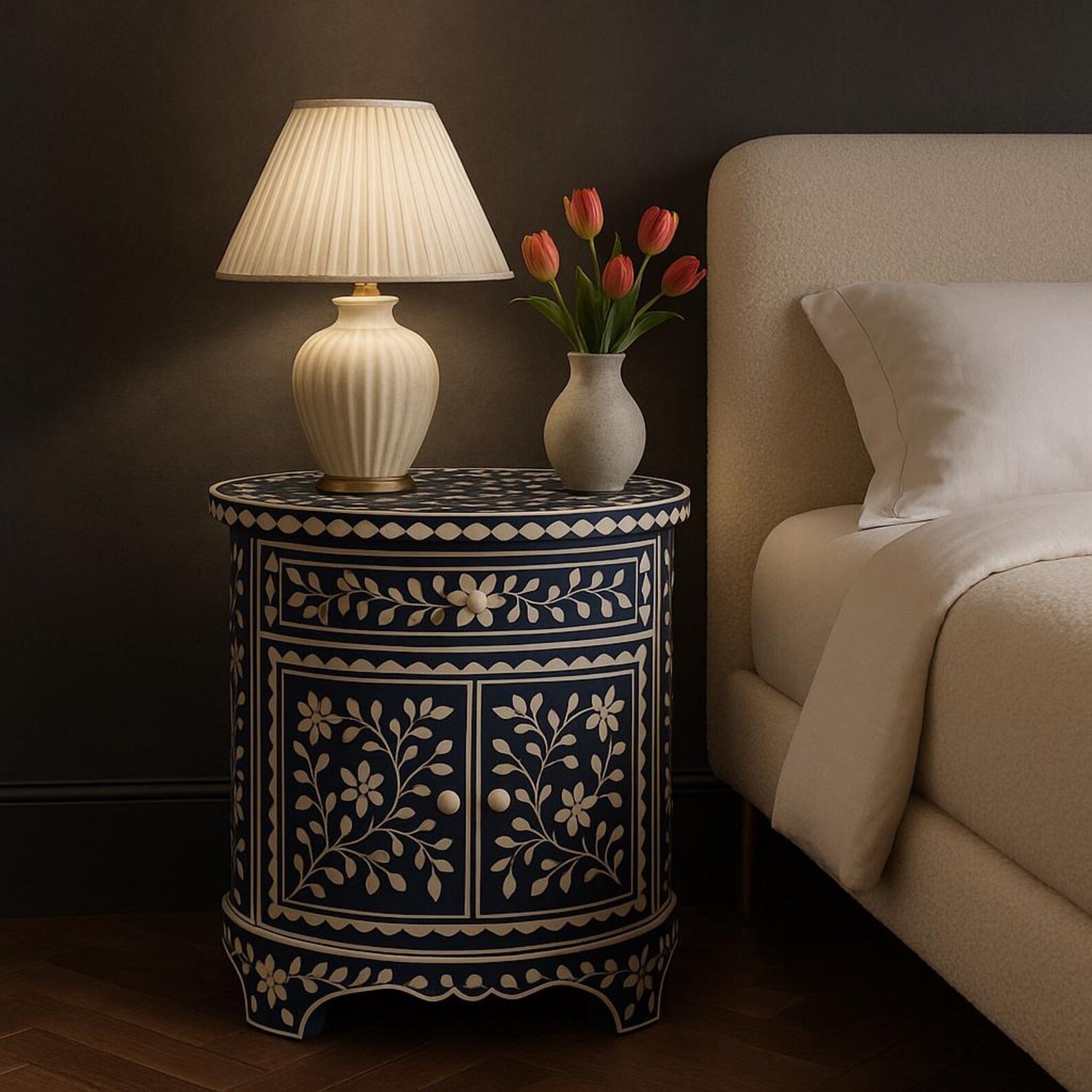 Handmade Floral Bone Inlay End Table | Navy Boho Resin Nightstand | Stylish Decorative Side Table for Modern Homes