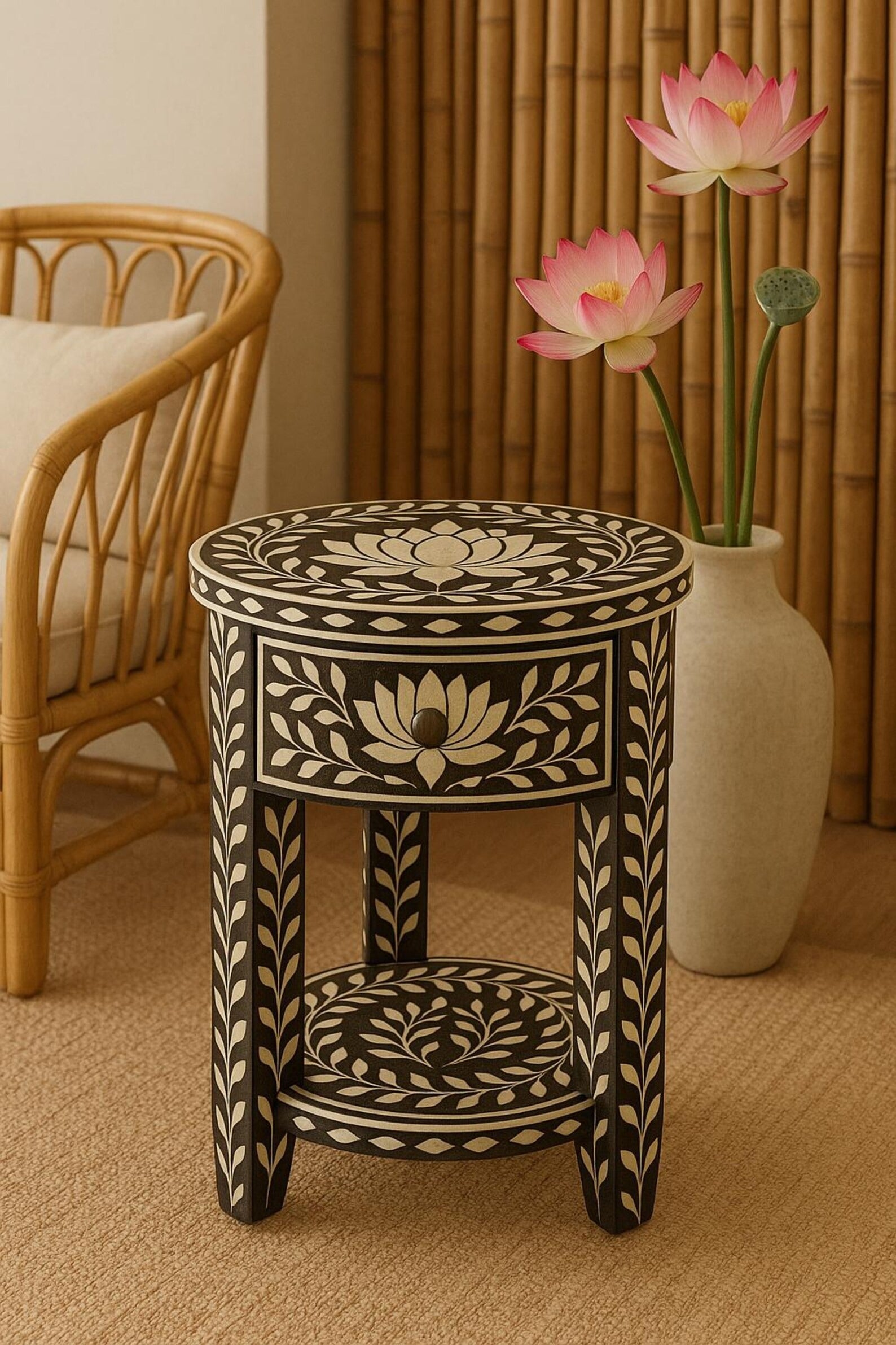 Round Bone Inlay End Table | Black & White Floral Handmade Nightstand | Decorative Accent Table for Home