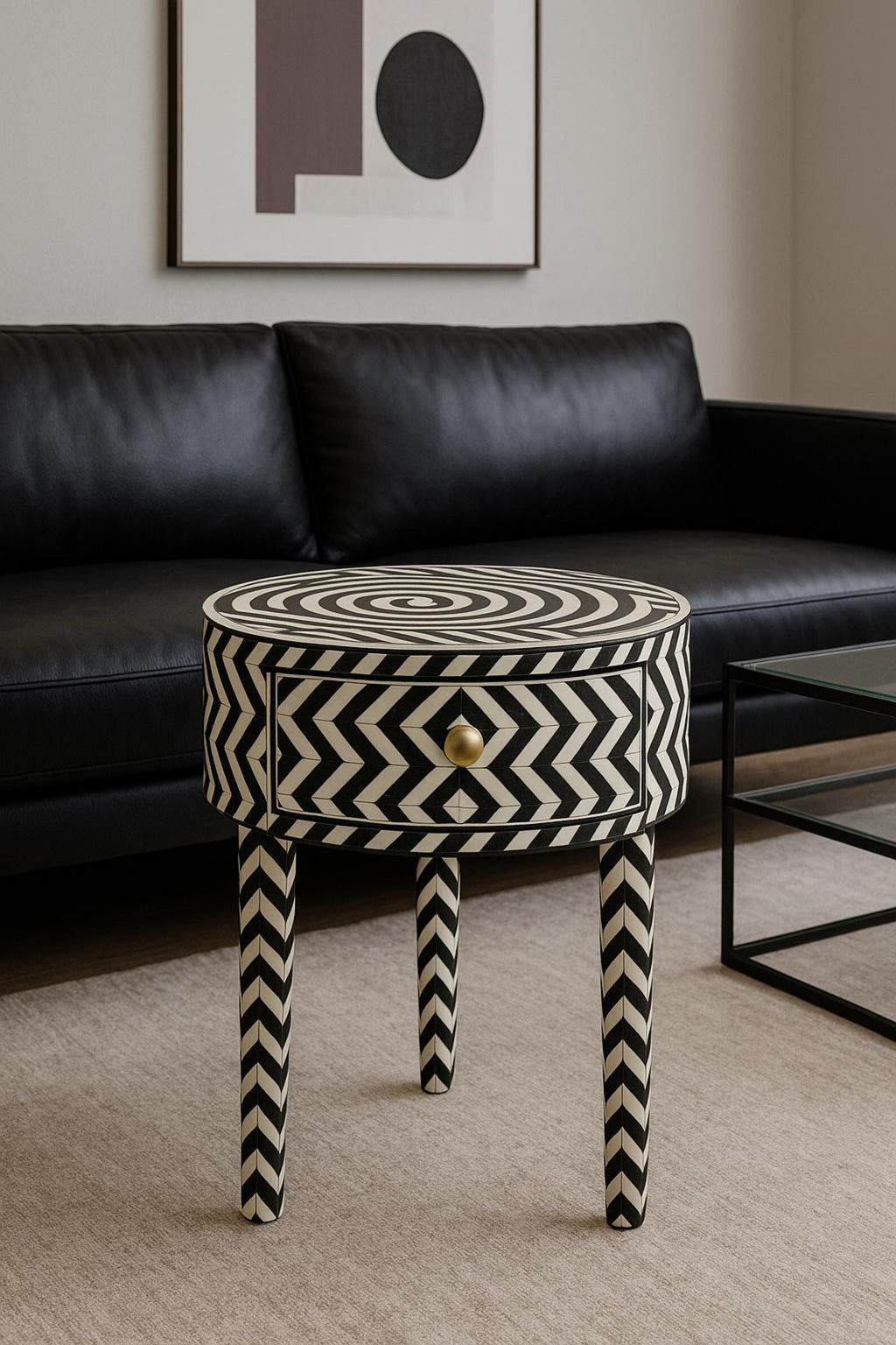 Bone Inlay Resin Accent Side Table | Chevron Design Handmade Nightstand | Decorative Table for Bedroom & Living Room