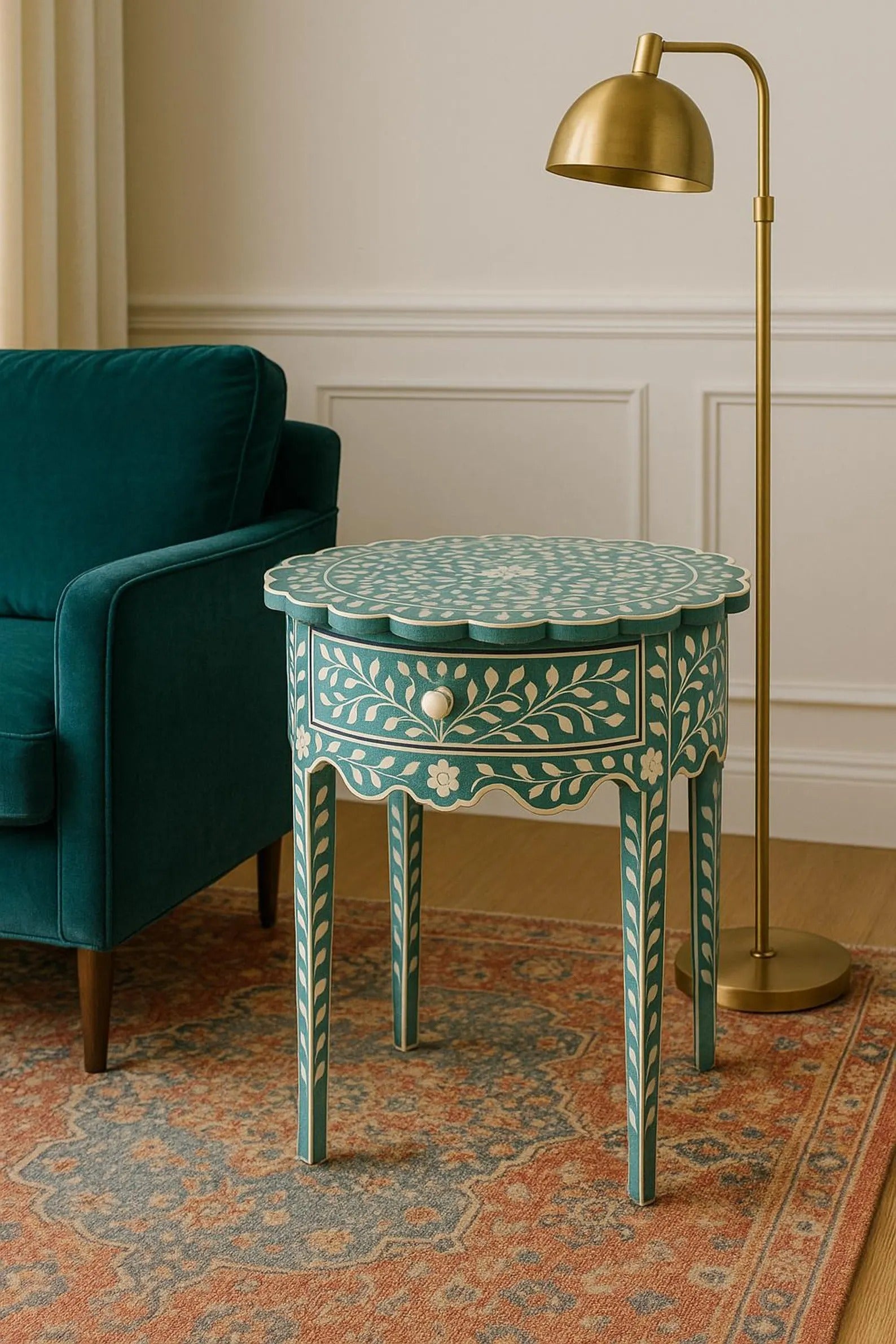 Green Bone Inlay Side Table | Boho Nightstand with Drawer | Handmade Decorative Accent Table for Bedroom & Living Room