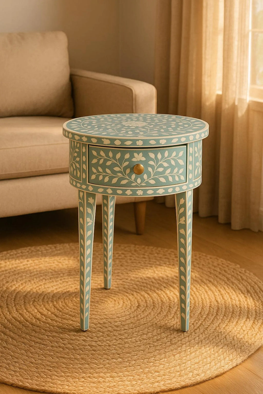 Handcrafted Floral Bone Inlay Side Table | Resin Nightstand with Drawer | Decorative Accent Table for Home Décor