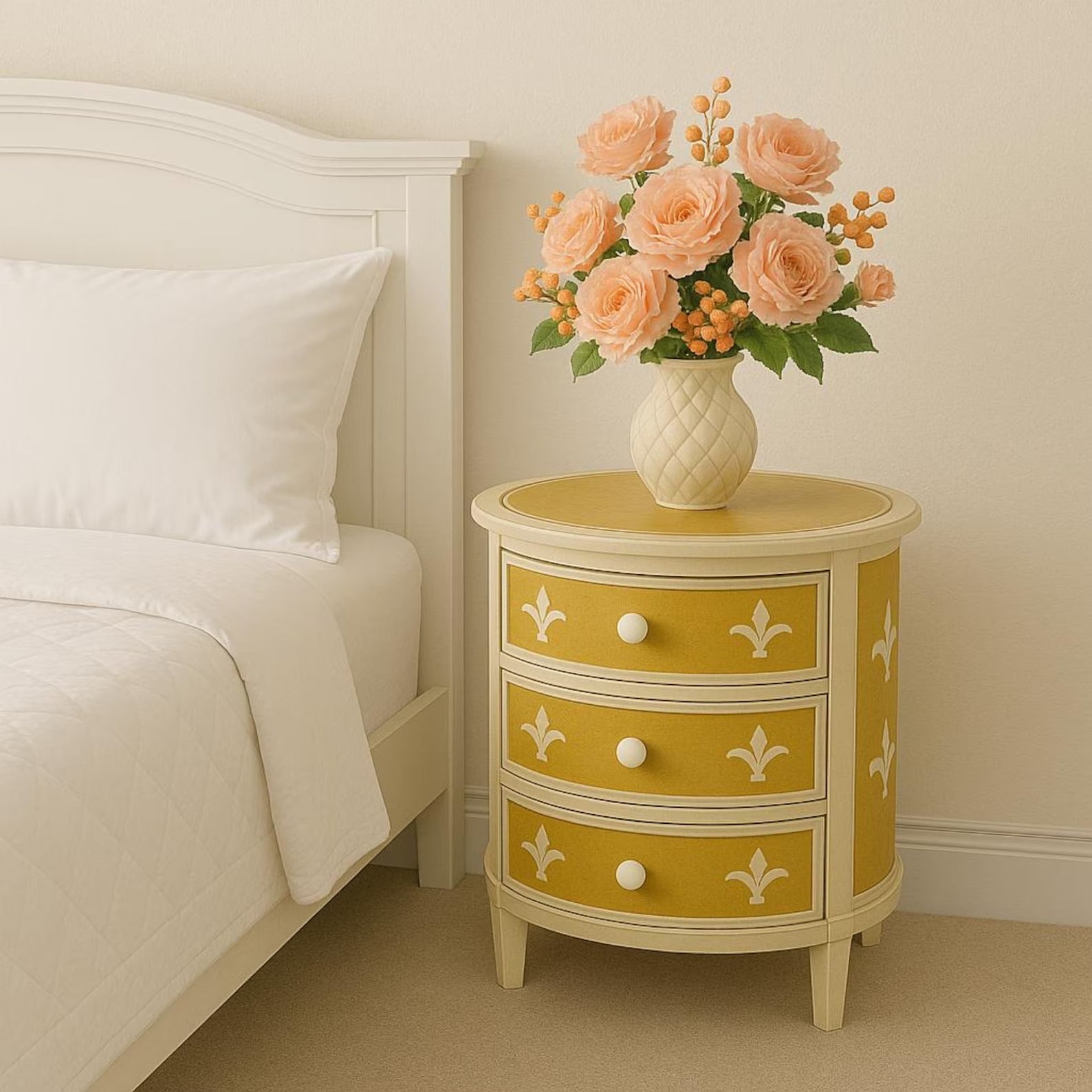 Round Resin Yellow Bone Inlay Nightstand | Handmade Bedside Table | Elegant Decorative Accent Table for Bedroom & Living Room