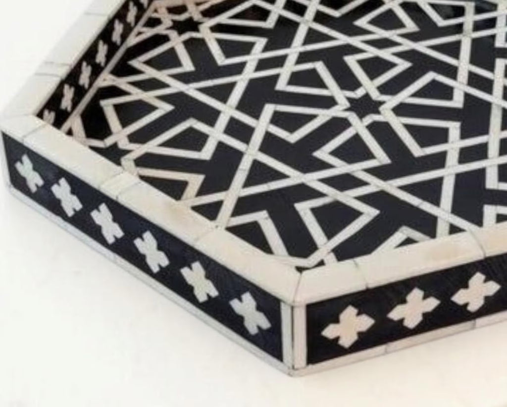 Handmade Bone Inlay Tray | Black & White Hexagon Pattern | Luxury Decorative Table Tray for Living Room, Dining & Coffee Table Styling