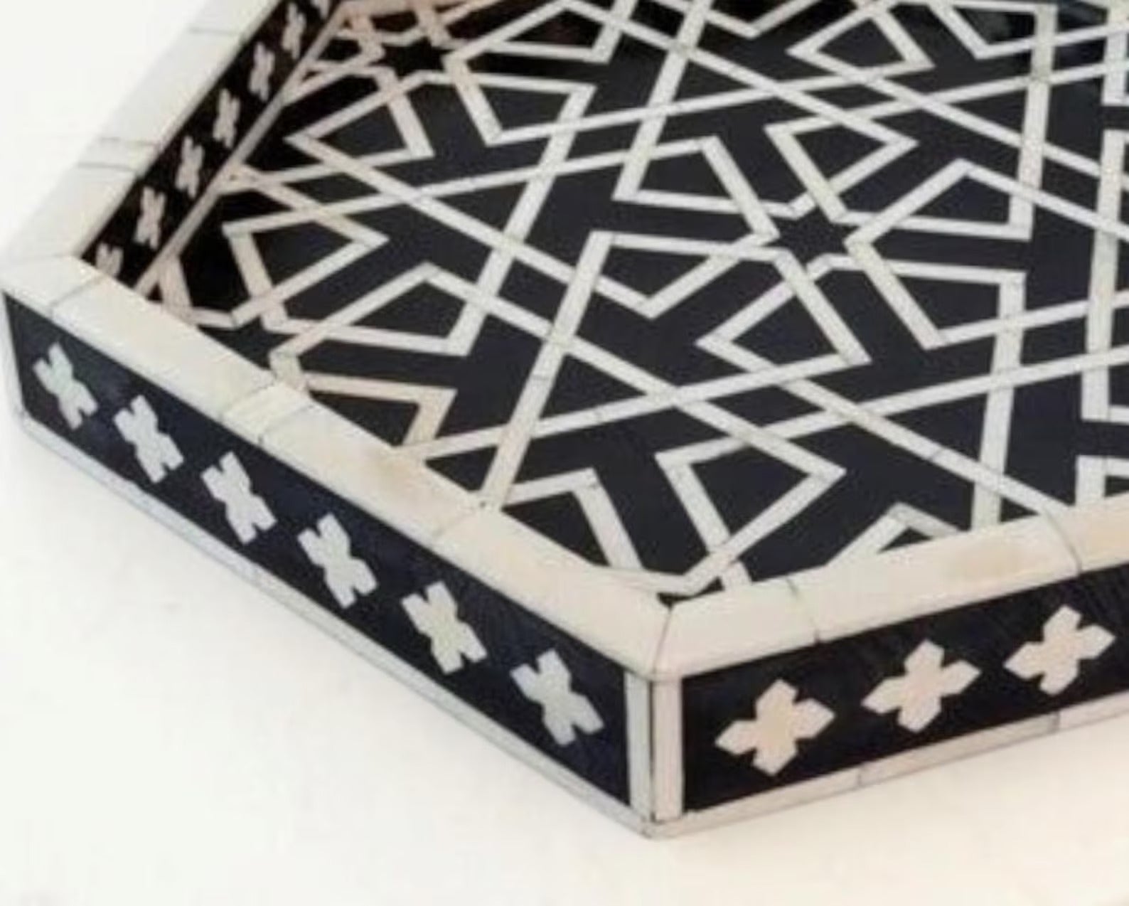 Handmade Bone Inlay Tray | Black & White Hexagon Pattern | Luxury Decorative Table Tray for Living Room, Dining & Coffee Table Styling