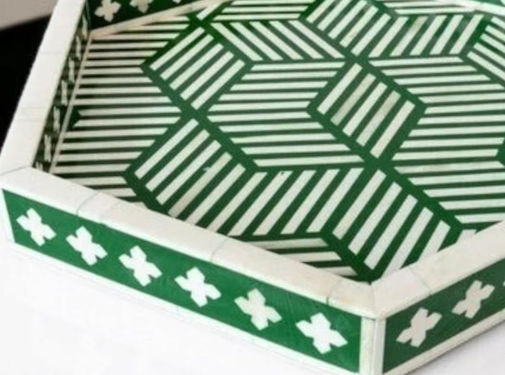 Handmade Green Bone Inlay Serving Tray | Luxury Decorative Table Tray for Home, Kitchen & Parties | Stylish Bone Inlay Accent Tray