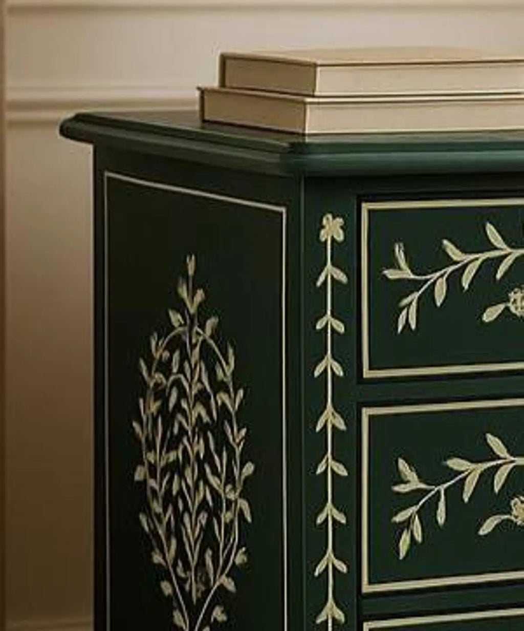Handmade Green Bone Inlay Nightstand | Floral Resin End Table | Stylish Decorative Side Table for Modern Homes