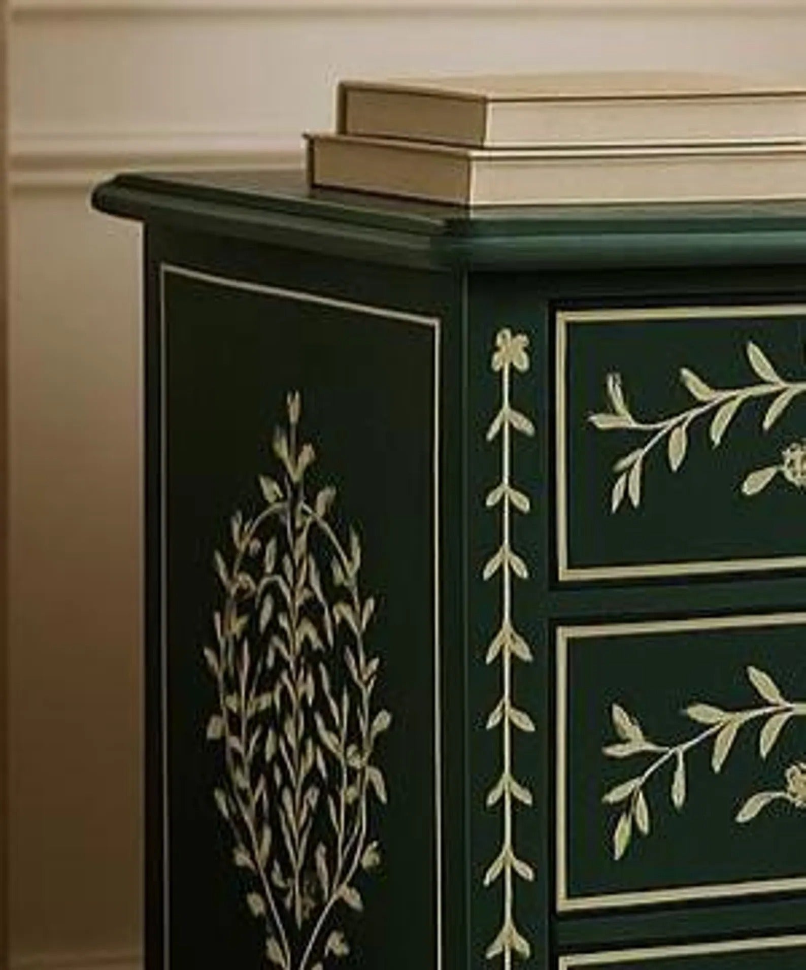 Handmade Green Bone Inlay Nightstand | Floral Resin End Table | Stylish Decorative Side Table for Modern Homes