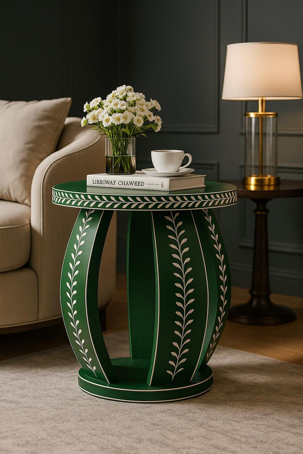 Handmade Bone Inlay End Table | Green Floral Resin Accent Table | Stylish Decorative Furniture for Modern Homes