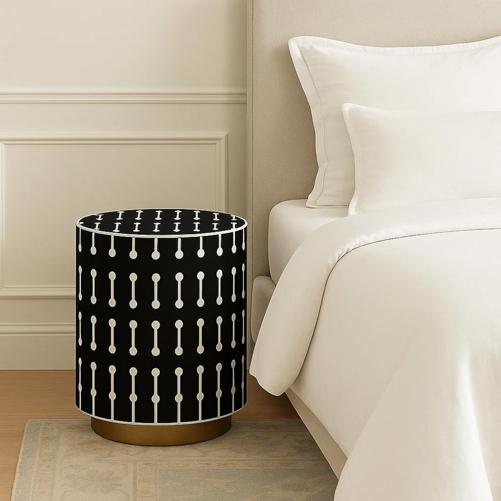 Handmade Bone Inlay Black Resin Nightstand | End Table with Gold Base | Stylish Decorative Furniture for Modern Homes