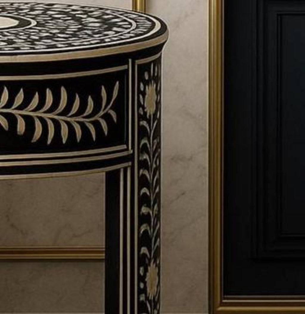 Black Bone Inlay Nightstand with Drawer | Handmade Floral End Table | Modern Indian Side Table for Home & Office