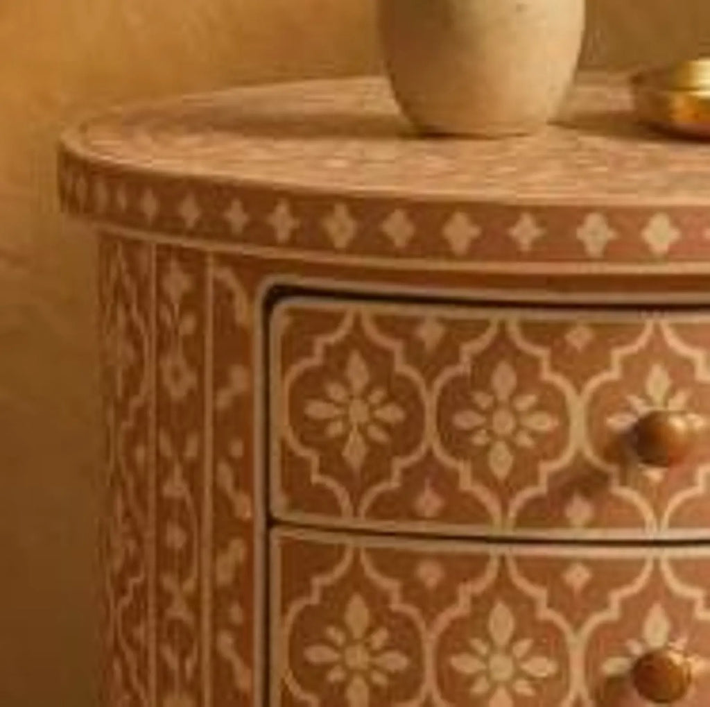 Handcrafted Bone Inlay Nightstand | Terracotta Floral Resin End Table | Modern Decorative Accent Furniture for Home Décor