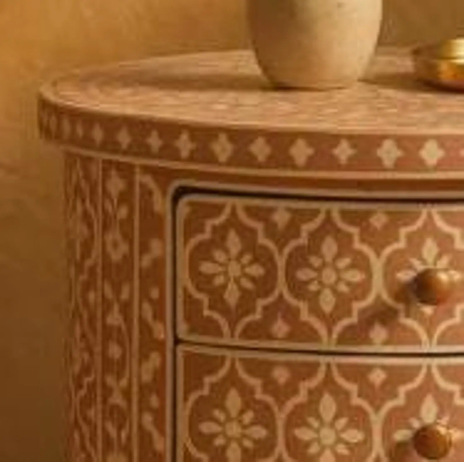 Handcrafted Bone Inlay Nightstand | Terracotta Floral Resin End Table | Modern Decorative Accent Furniture for Home Décor