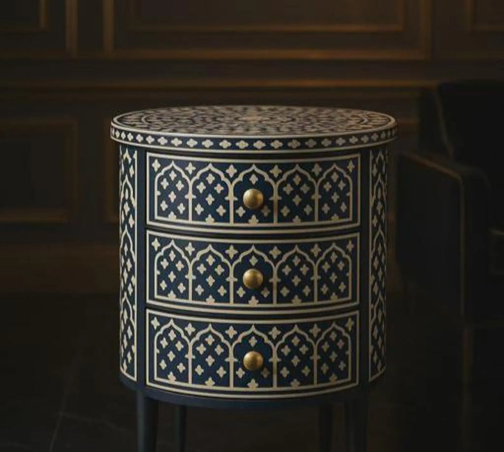 Handmade Bone Inlay Nightstand | 3-Drawer Resin Pattern End Table | Stylish Bedside Storage Cabinet for Modern Homes