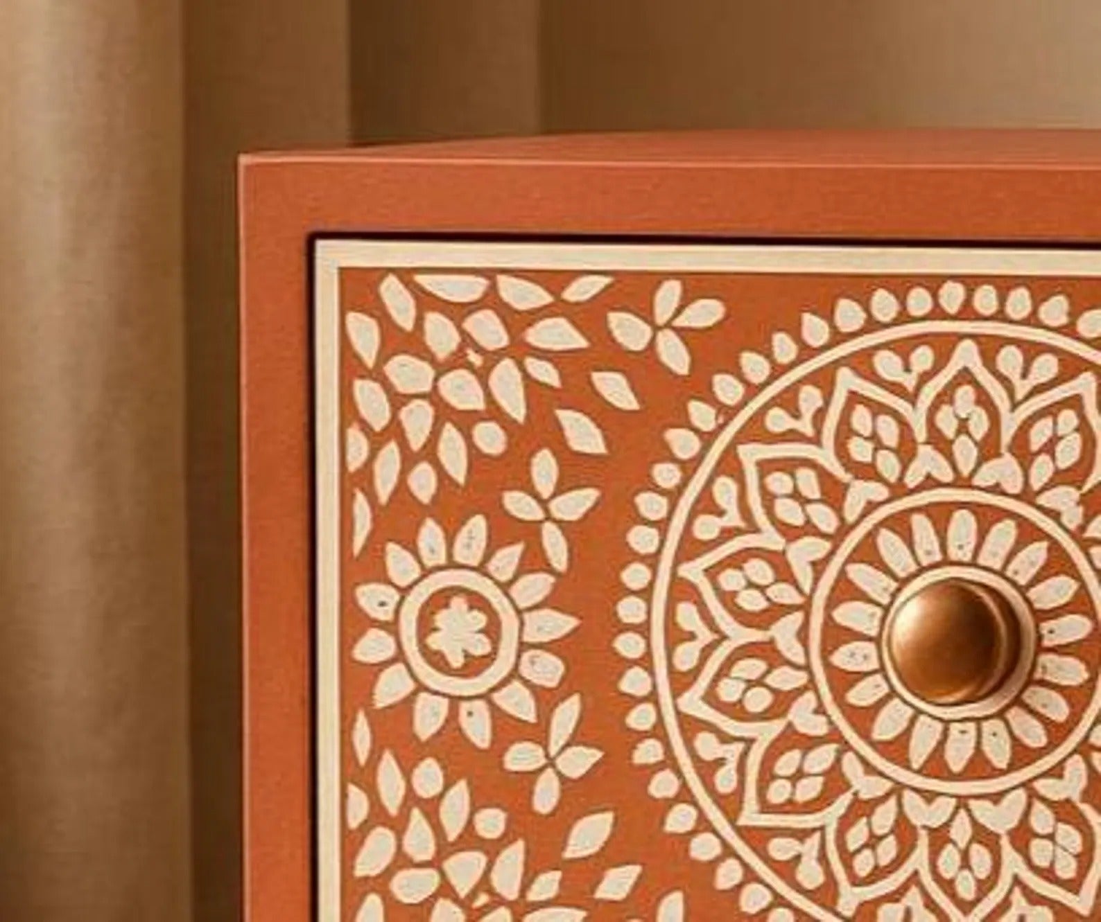 Bone Inlay Nightstand | Terracotta Mandala Floral End Table | Handmade Bedside Table for Bedroom & Living Room Décor