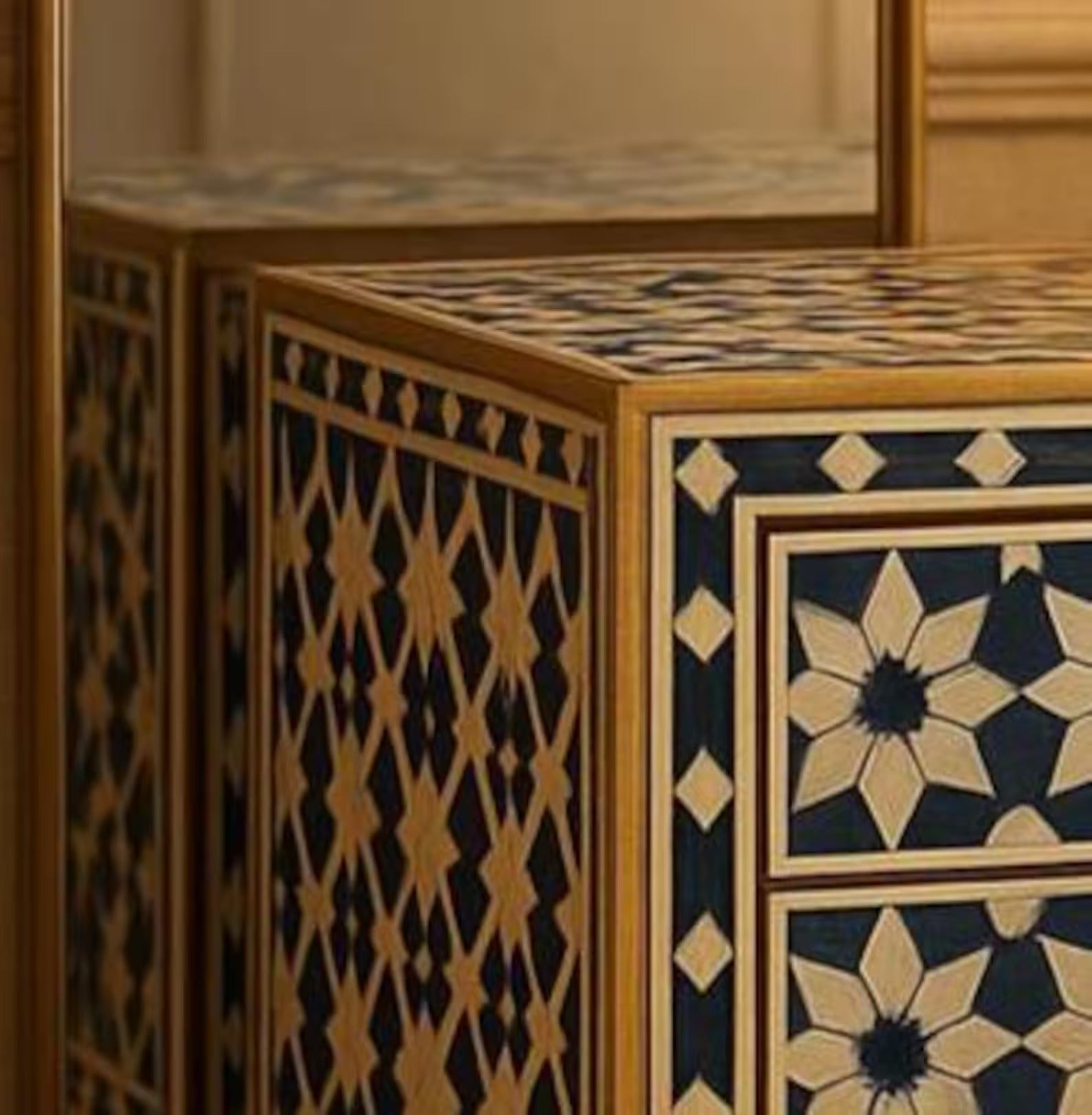 Blue Geometric Bone Inlay Resin Nightstand | Handmade Decorative Accent Table | Elegant Side Table for Bedroom & Living Room