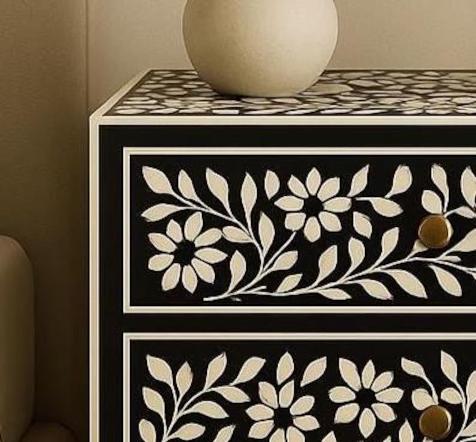 Floral Bone Inlay Nightstand | Handmade Black & White Resin End Table | Decorative Accent Table for Bedroom & Living Room