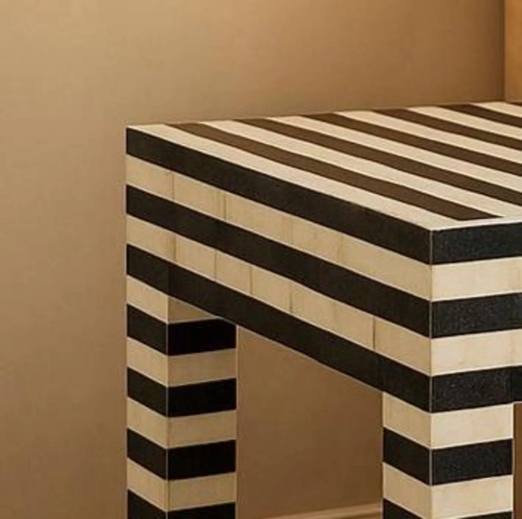 Black & White Striped Resin Bone Inlay End Table | Handmade Accent Side Table | Stylish Modern Inlay Furniture