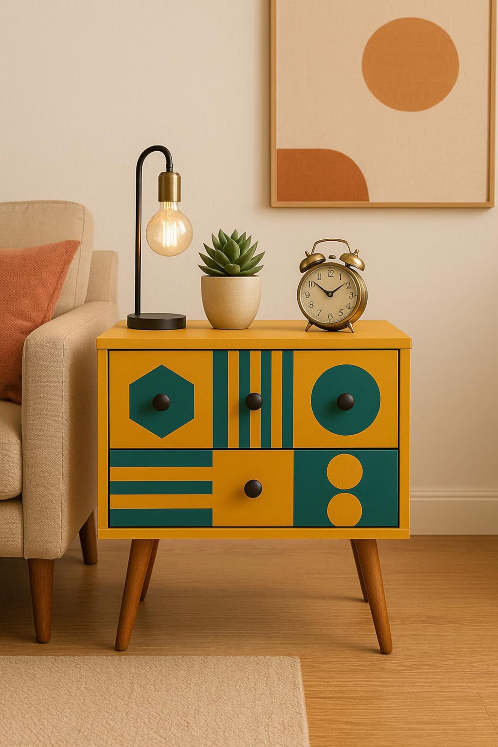 Handmade Retro Resin End Table | Mid-Century Modern Nightstand with Drawers | Stylish Decorative Furniture for Modern Homes