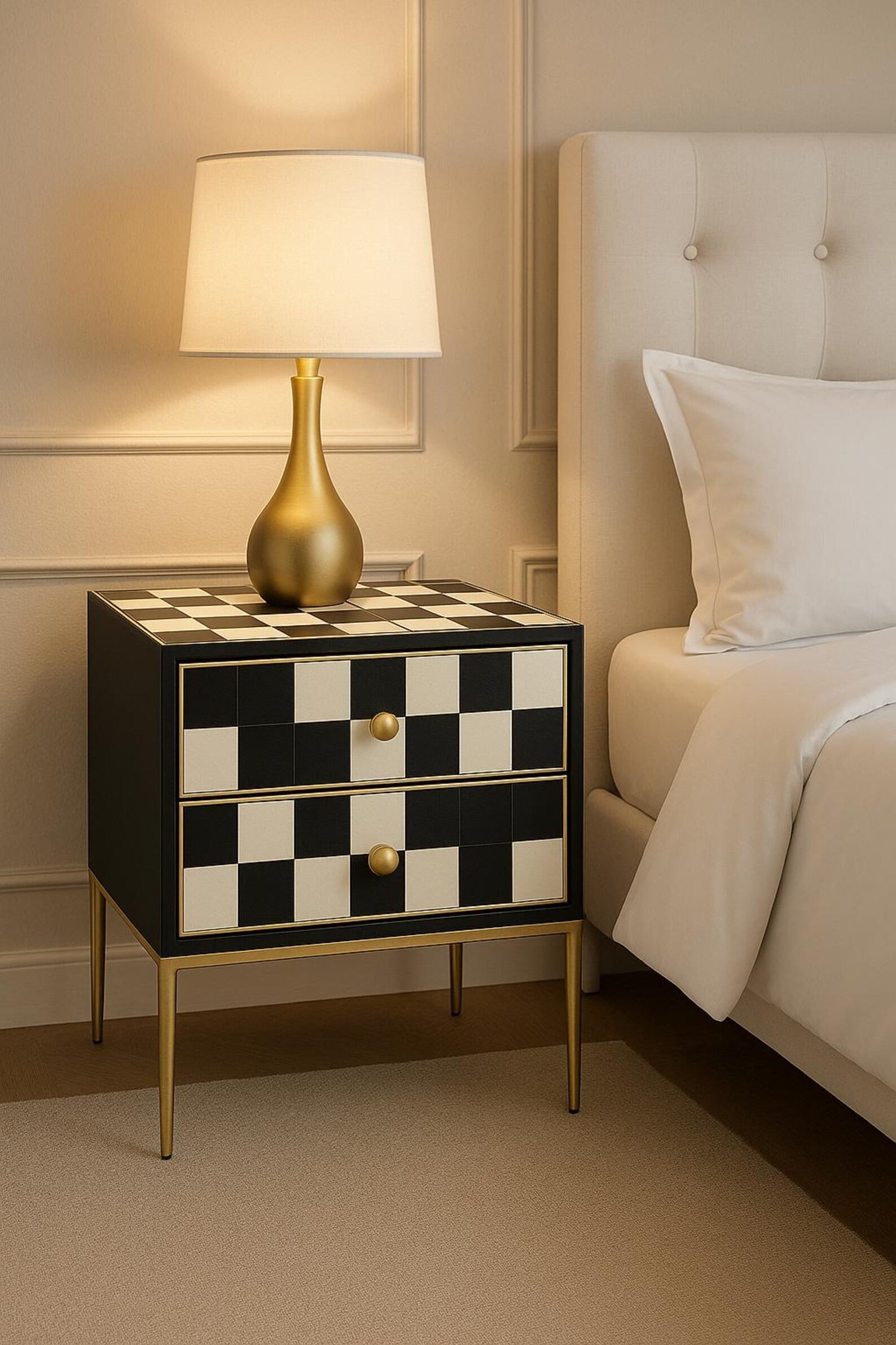 Resin Nightstand | Black & White Bedside Table with Gold Legs | Handmade Modern Accent Table for Bedroom & Living Room