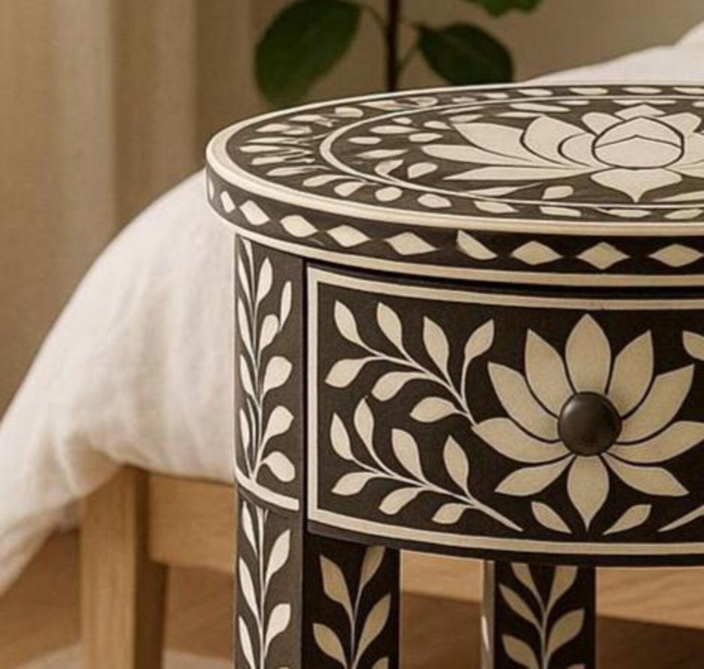 Round Bone Inlay End Table | Black & White Floral Handmade Nightstand | Decorative Accent Table for Home