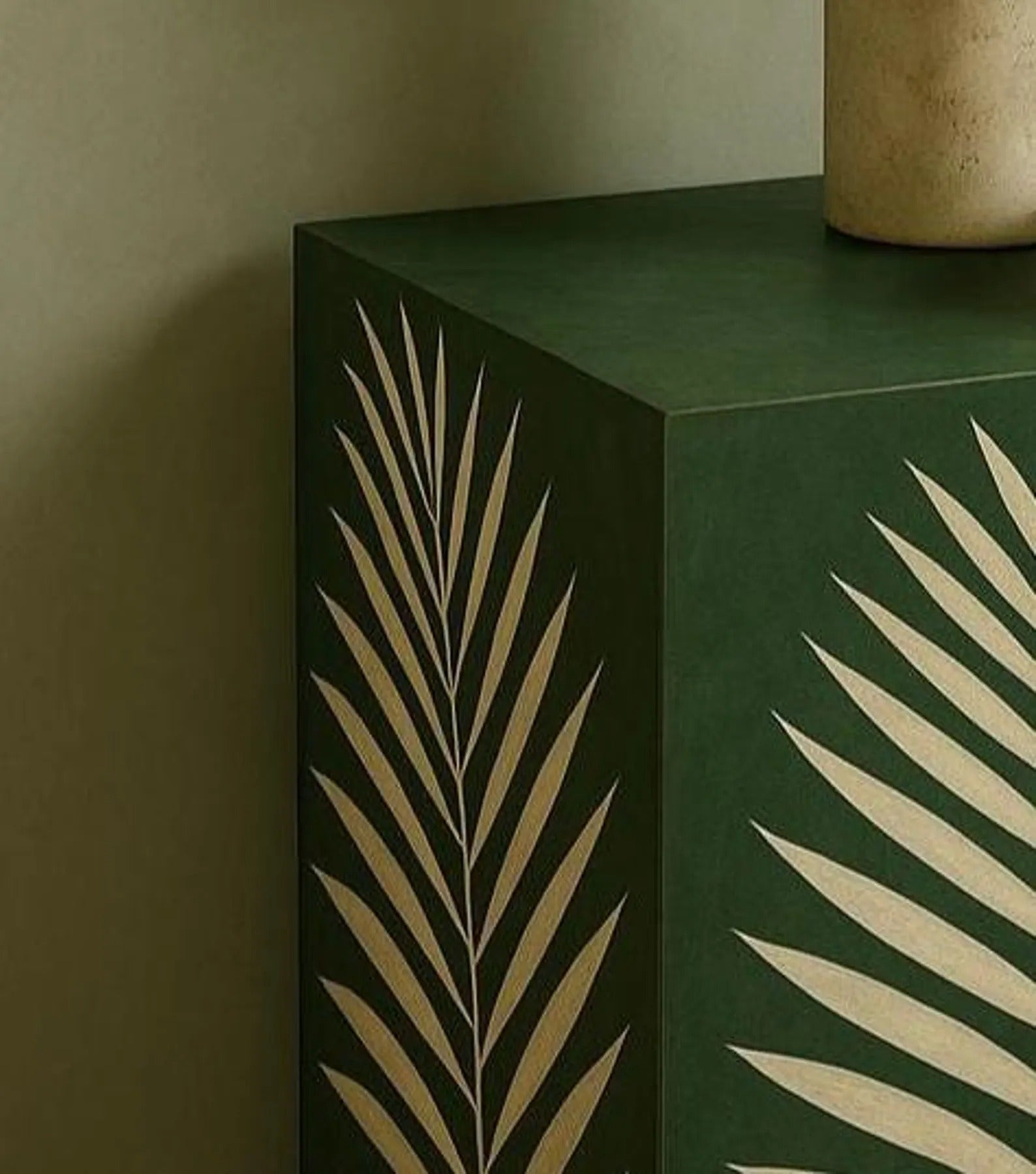 Green Bone Inlay Nightstand | Handmade Palm Leaf Resin Accent Table | Stylish Bedside Table for Modern Home Décor