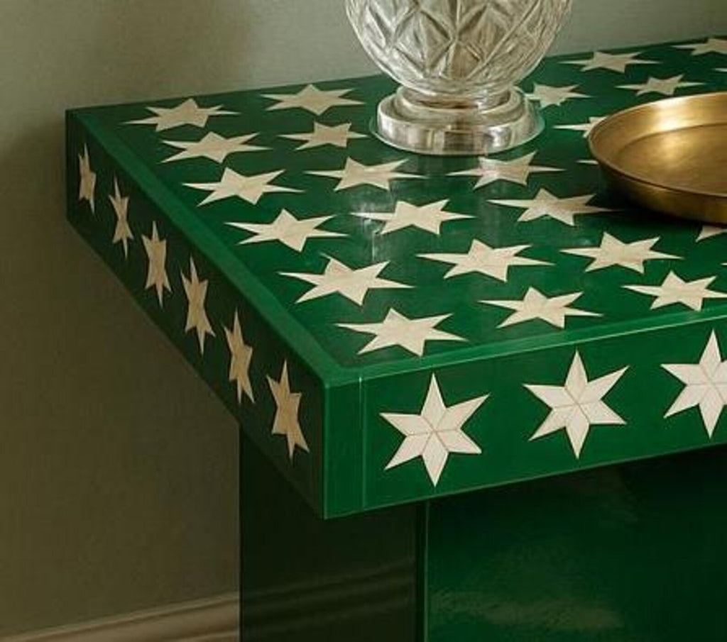Green Star Bone Inlay Side Table | Handmade Boho Nightstand | Decorative Accent Table for Bedroom & Living Room