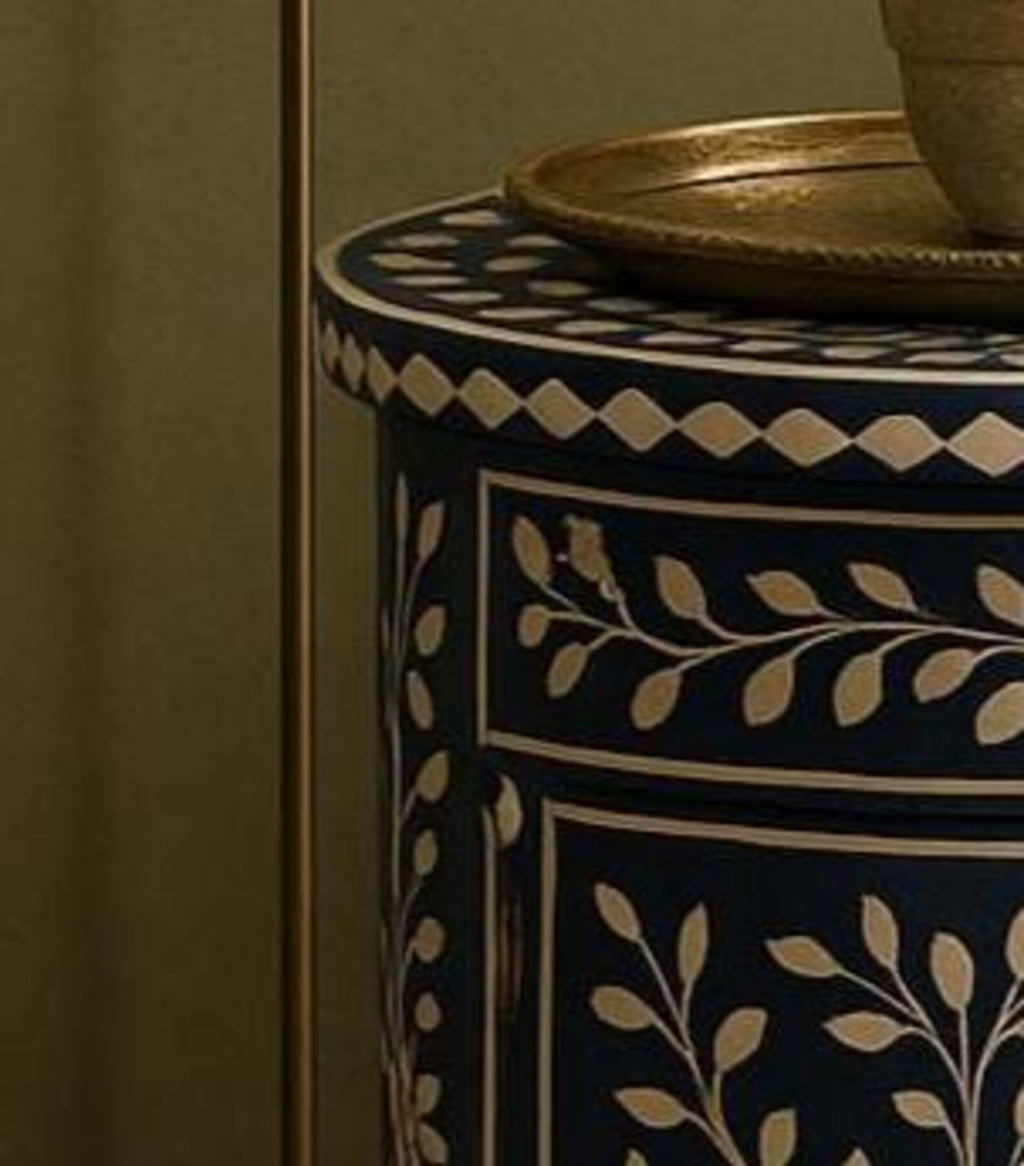 Handmade Floral Bone Inlay End Table | Navy Boho Resin Nightstand | Stylish Decorative Side Table for Modern Homes