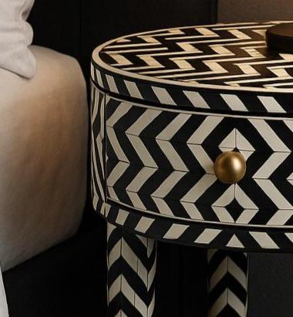 Bone Inlay Resin Accent Side Table | Chevron Design Handmade Nightstand | Decorative Table for Bedroom & Living Room